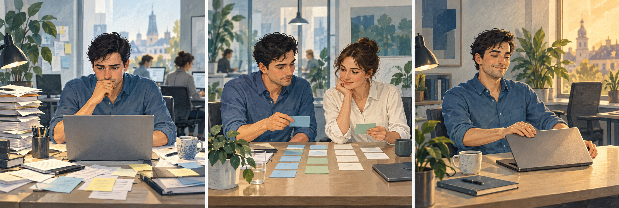 Drei illustrierte Arbeitssituationen: ein voller Schreibtisch am Morgen, gemeinsame Priorisierung und ein ruhiger Tagesabschluss.